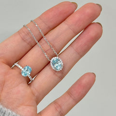 Glacier Blue Oval Halo Sterling Silver Jewelry Set