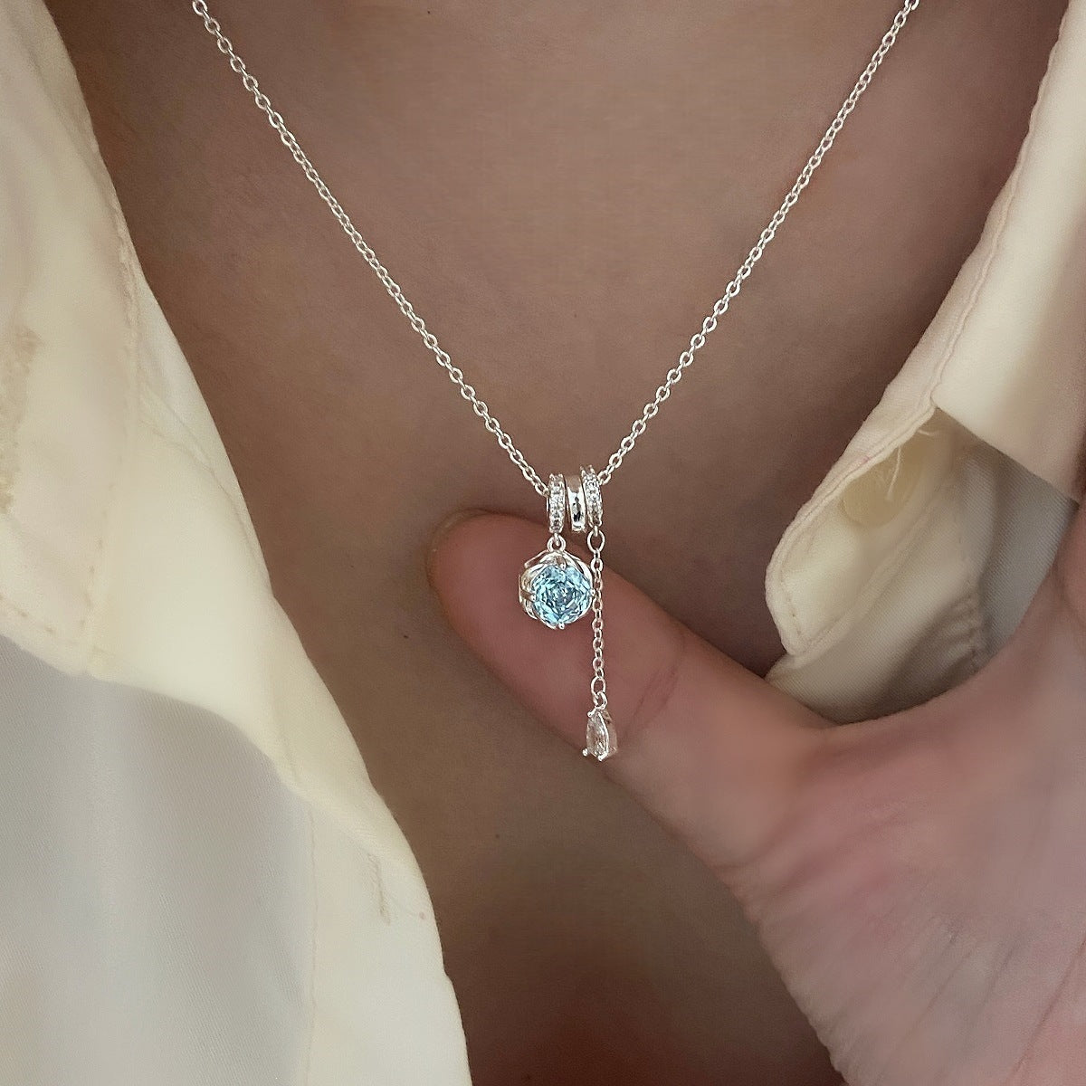 Light Blue Zircon Copper Pendant Necklace