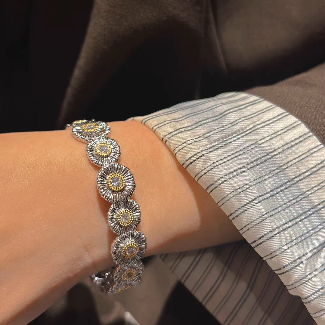 Silver Plated Golden Daisy Bloom Cuff Bracelet