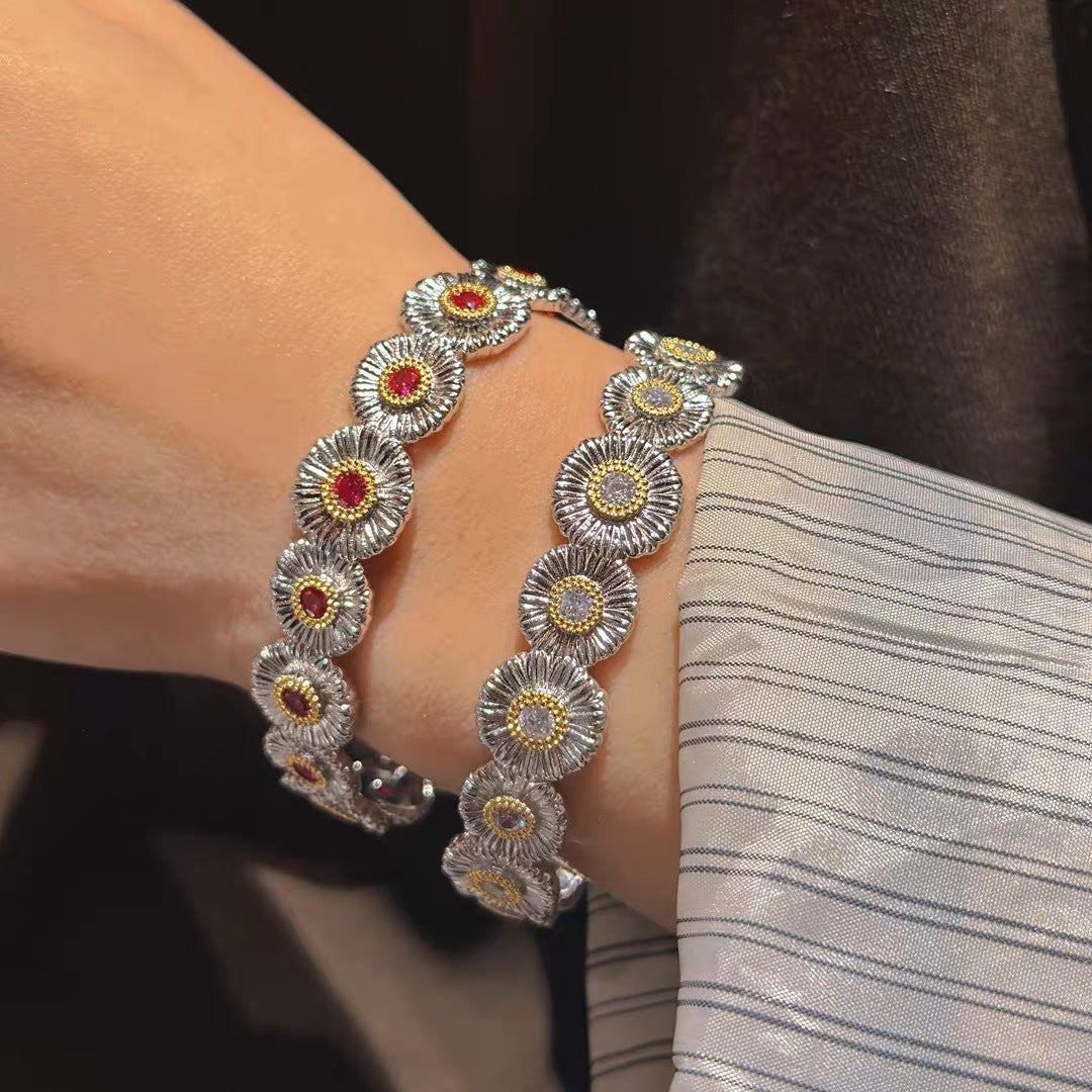 Silver Plated Golden Daisy Bloom Cuff Bracelet