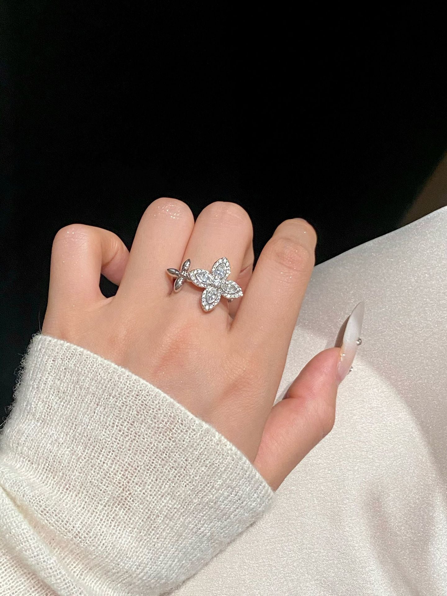 Four-Leaf Clover Flower Open-Faced Ring