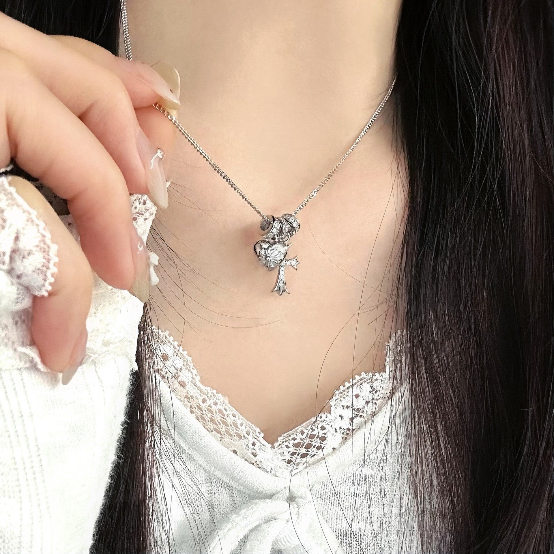 Sacred Heart Cross Necklace – S925 Sterling Silver