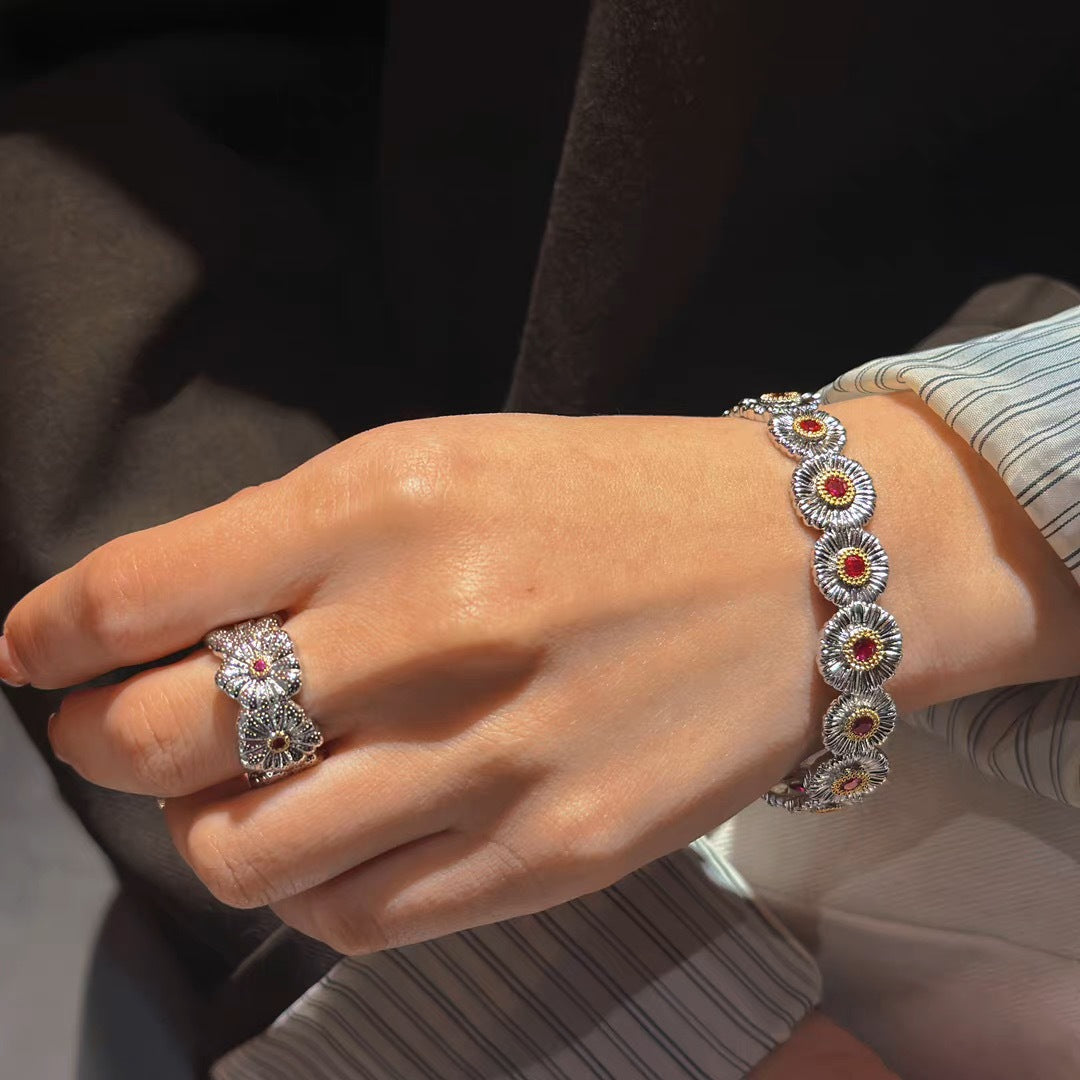 Silver Plated Golden Daisy Bloom Cuff Bracelet