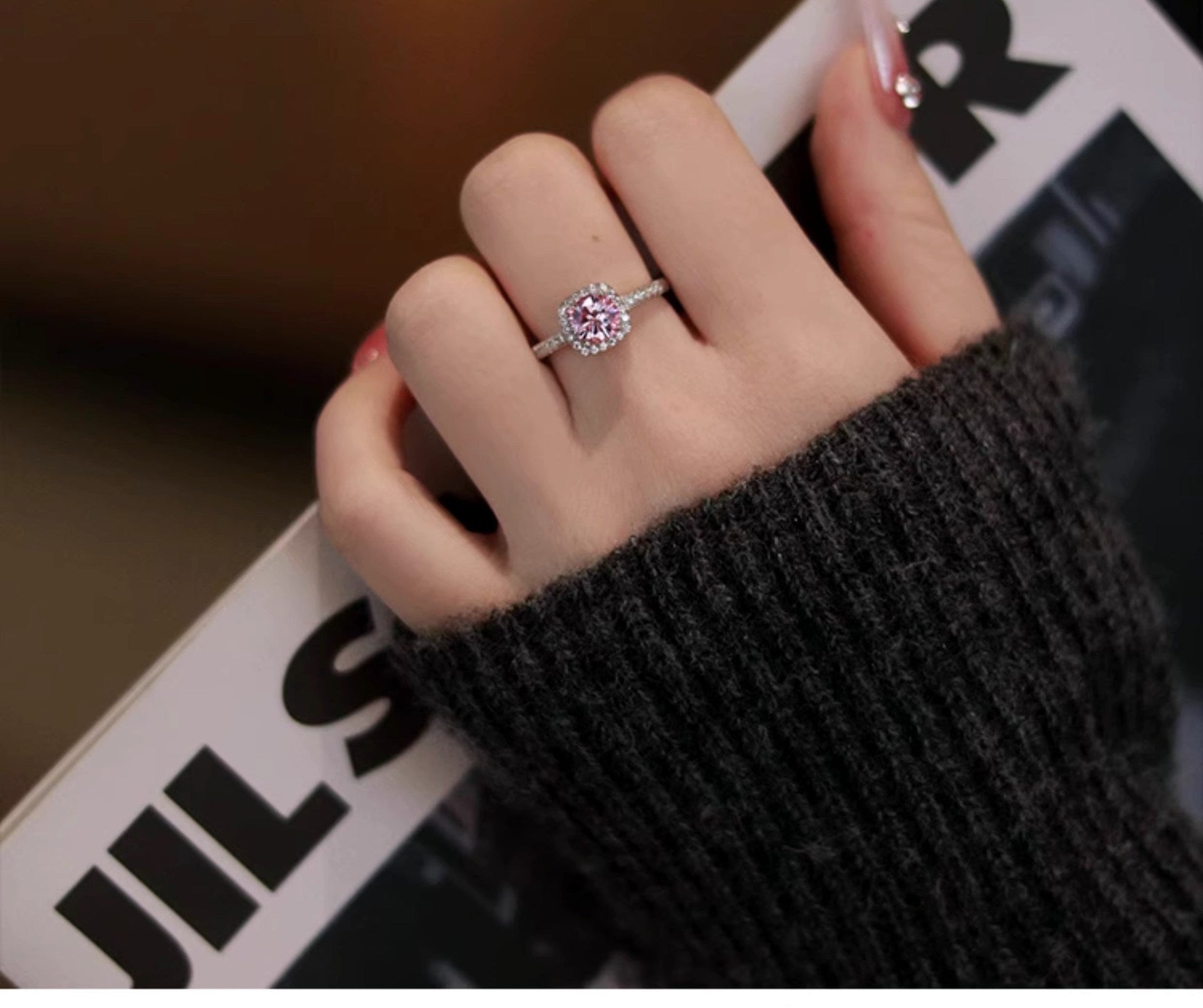 S925 Sterling Silver Pink Cushion Halo Ring