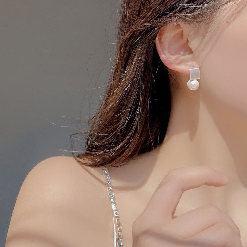 S925 Sterling Silver Square Pearl Stud Earrings