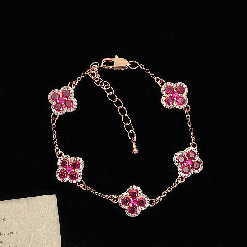 Rose Gold Copper Ruby Clover Zircon Bracelet