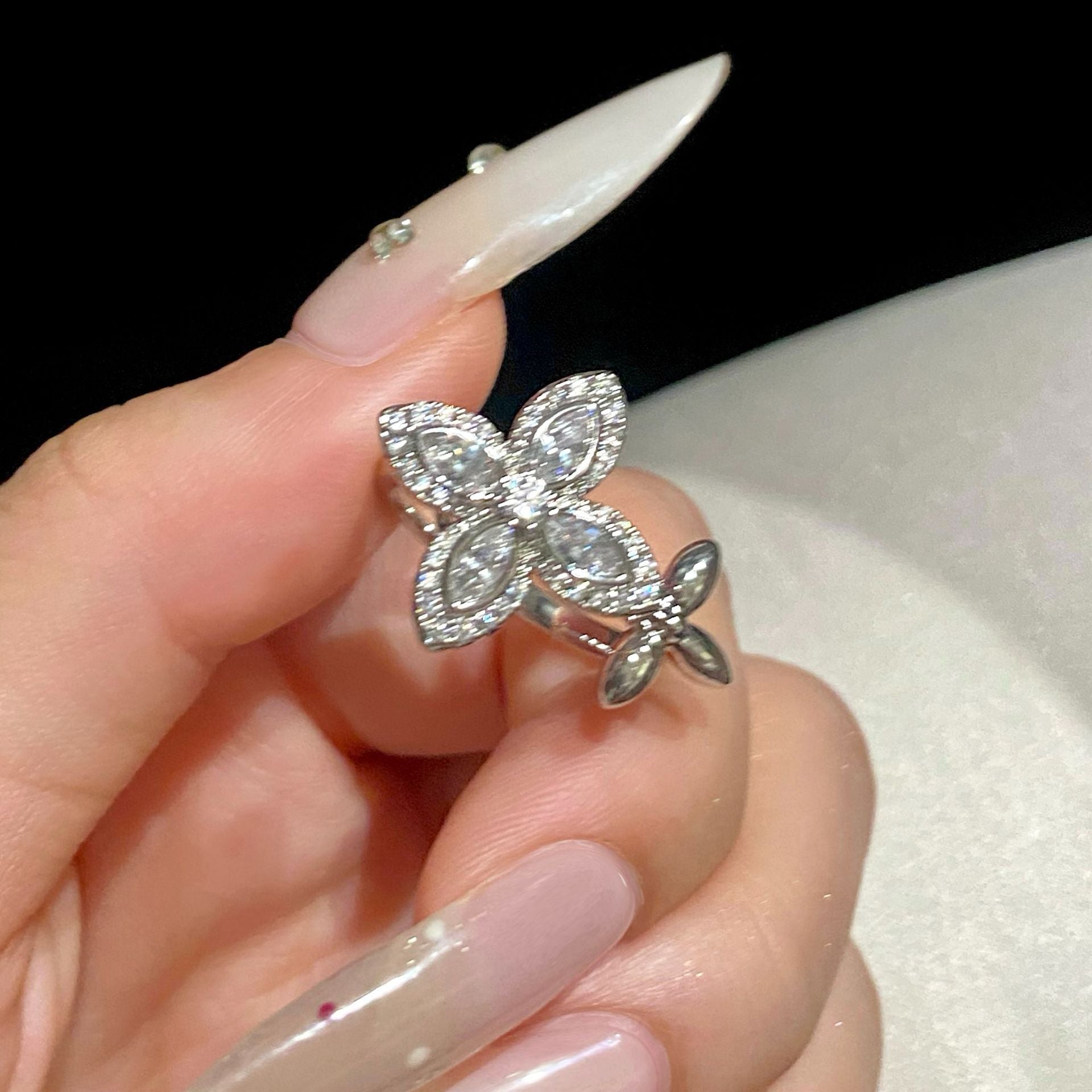 Four-Leaf Clover Flower Open-Faced Ring