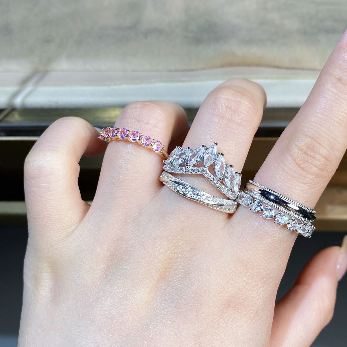 S925 Sterling Silver Pink Rhinestone Ring