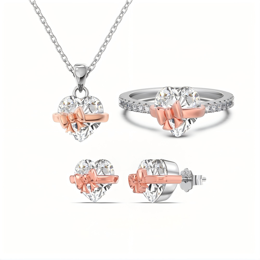 S925 Sterling Silver Rose Gold Heart-Shaped Zirconia Bow Set