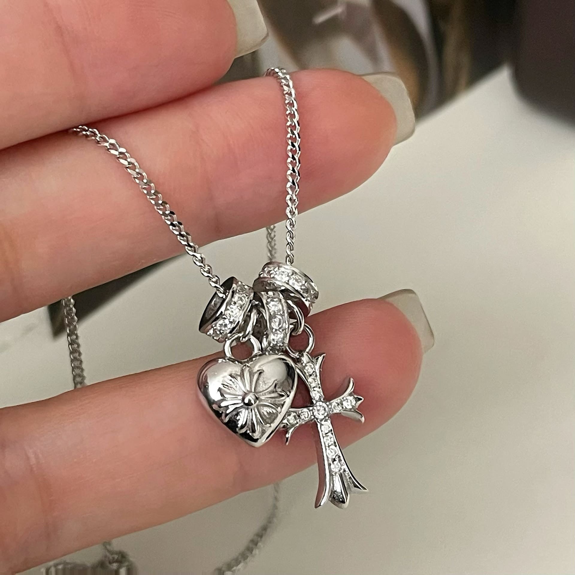 Sacred Heart Cross Necklace – S925 Sterling Silver