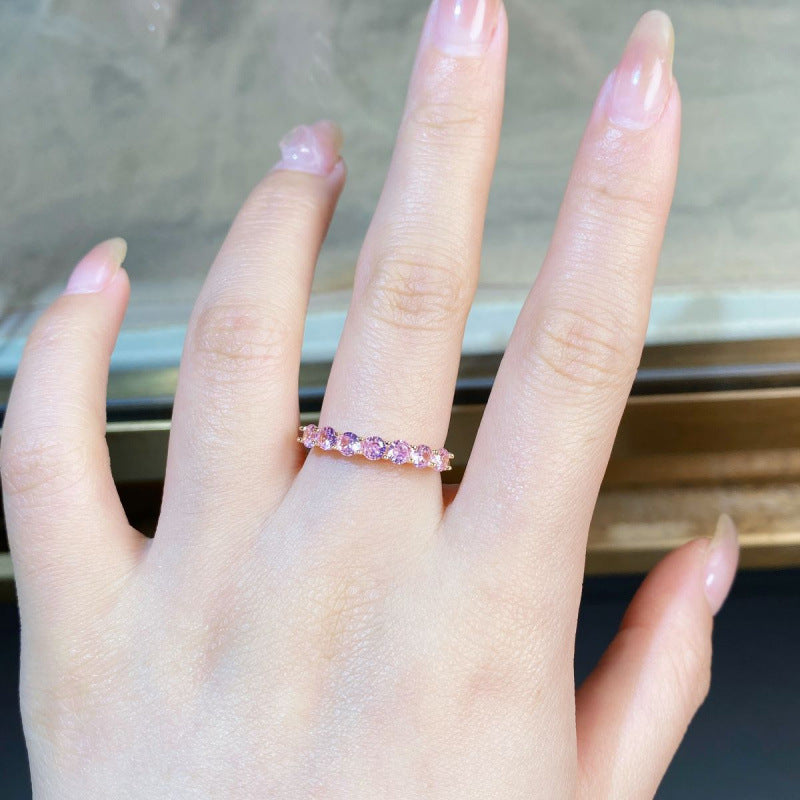 S925 Sterling Silver Pink Rhinestone Ring