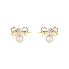 Copper Elegant Bow Pearl Stud Earrings