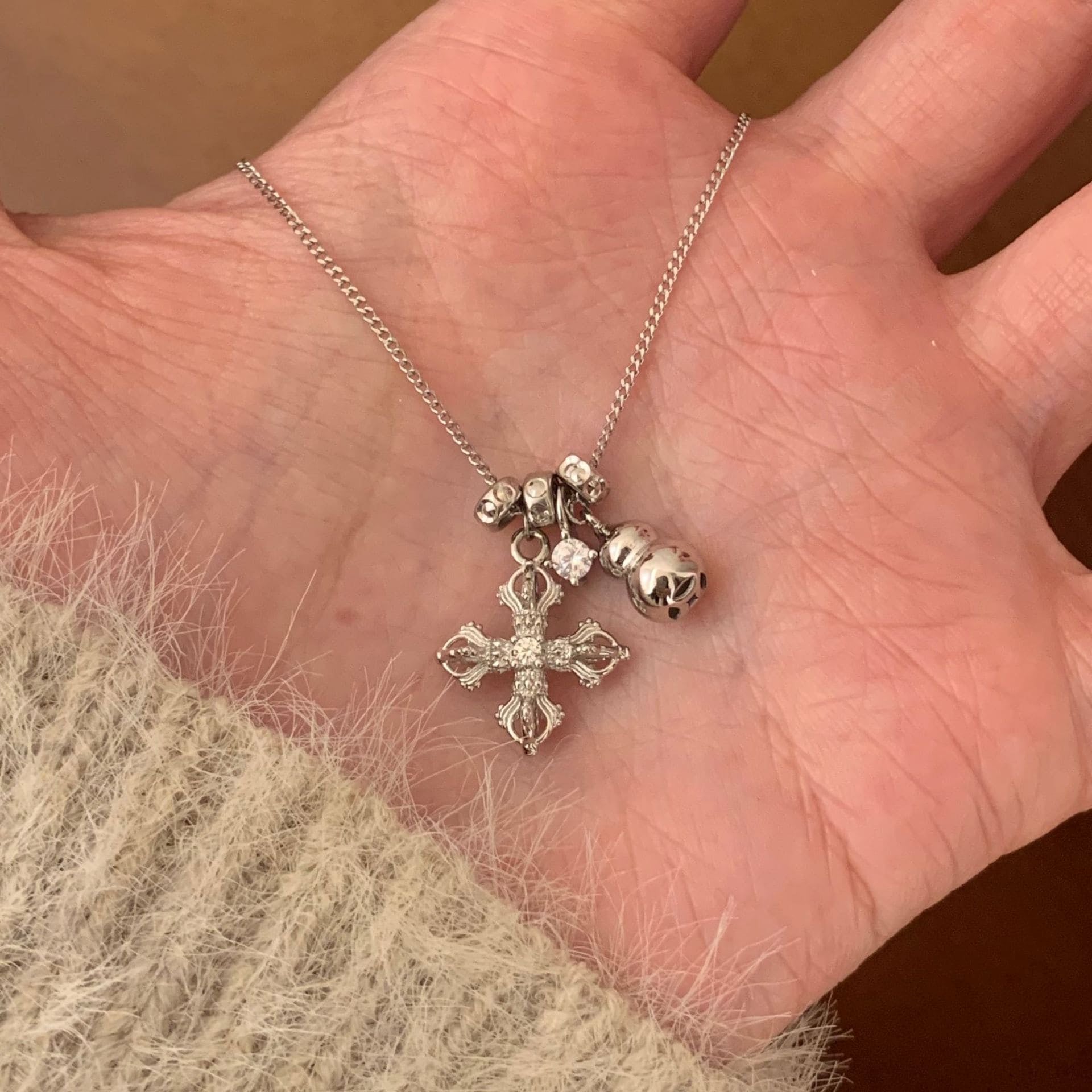 S925 Sterling Silver Guardian Bell Cross Necklace