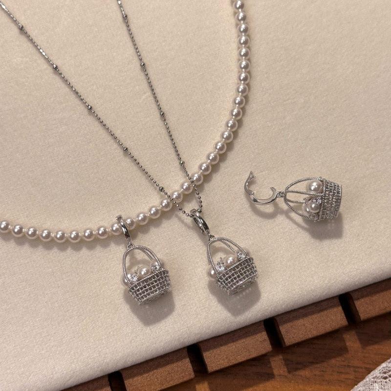 Silver Plated Pearl Basket Pendant Necklace