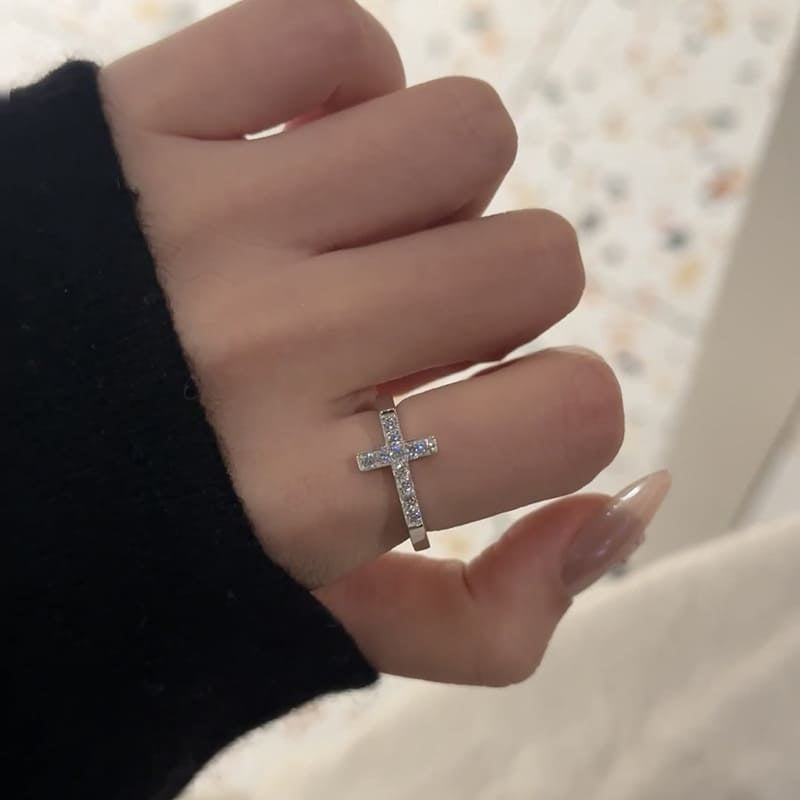 Aurora Faith™ S925 Sterling Silver Pavé Cross Ring