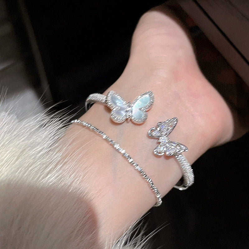 Silver-Toned Zircon and Mother-of-Pearl Butterfly-Clasp Bracelet