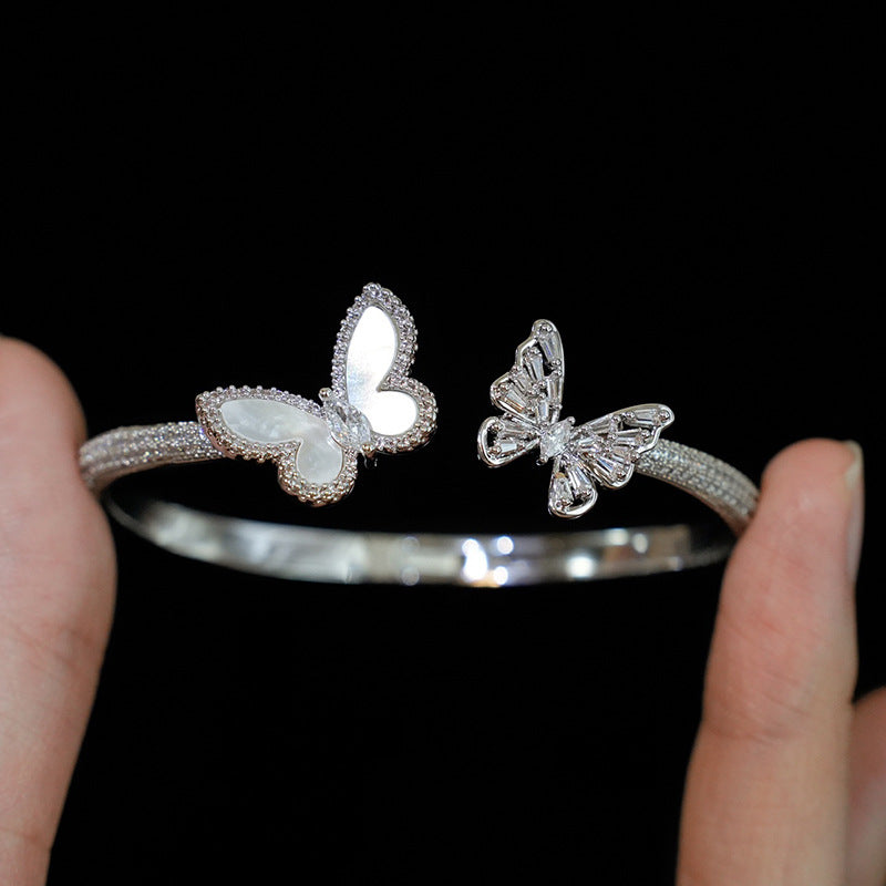 Silver-Toned Zircon and Mother-of-Pearl Butterfly-Clasp Bracelet