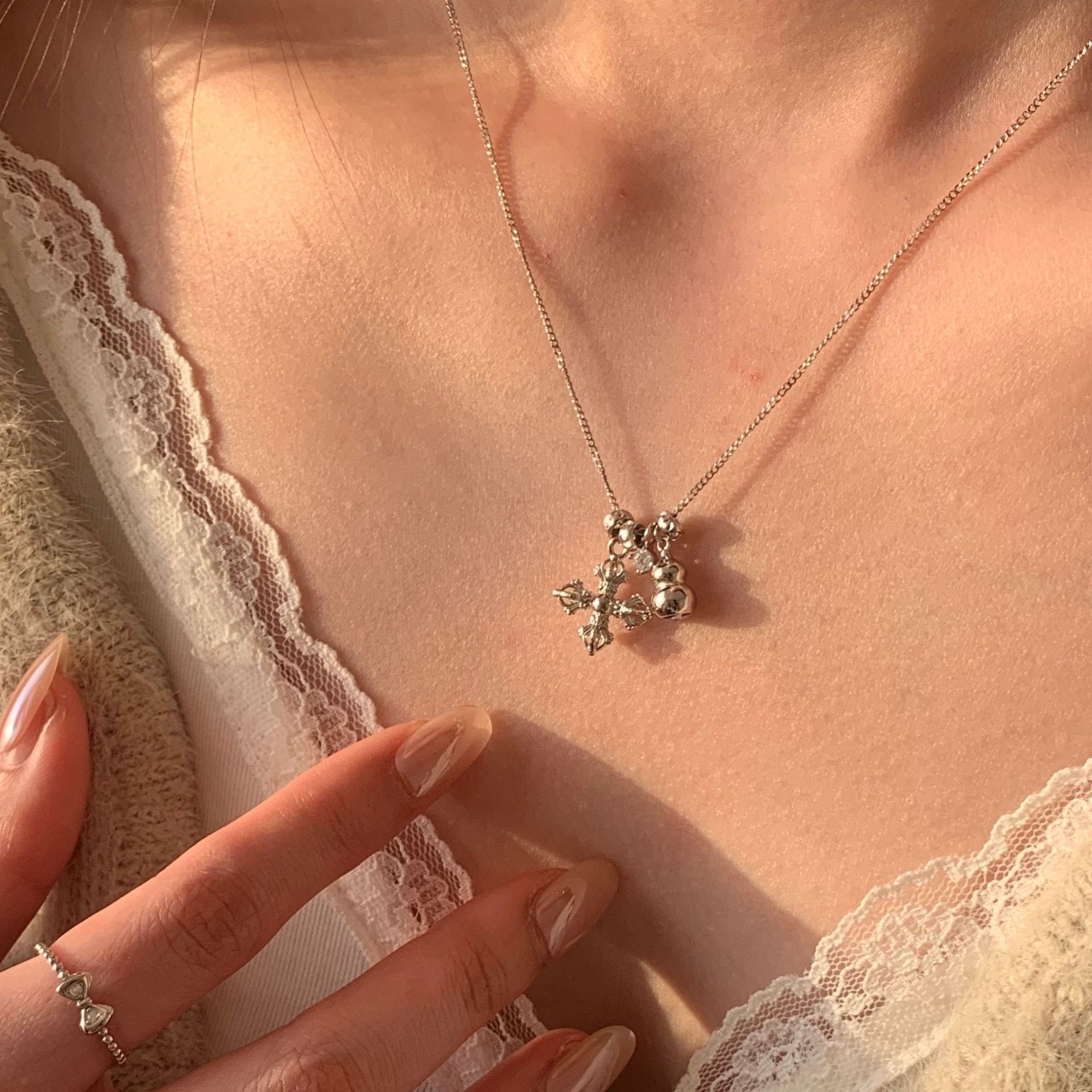 S925 Sterling Silver Guardian Bell Cross Necklace
