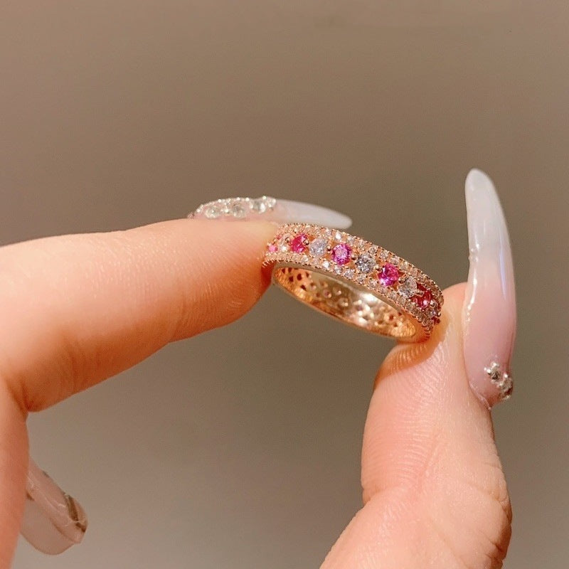 925 Silver Rose Gold-Plated Red Corundum Full-Diamond Band Ring