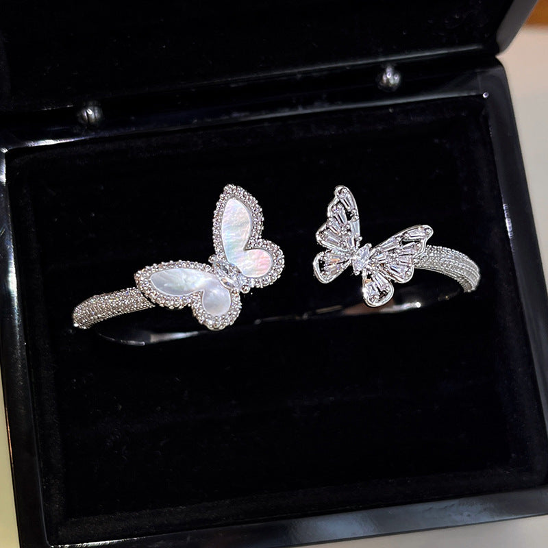 Silver-Toned Zircon and Mother-of-Pearl Butterfly-Clasp Bracelet