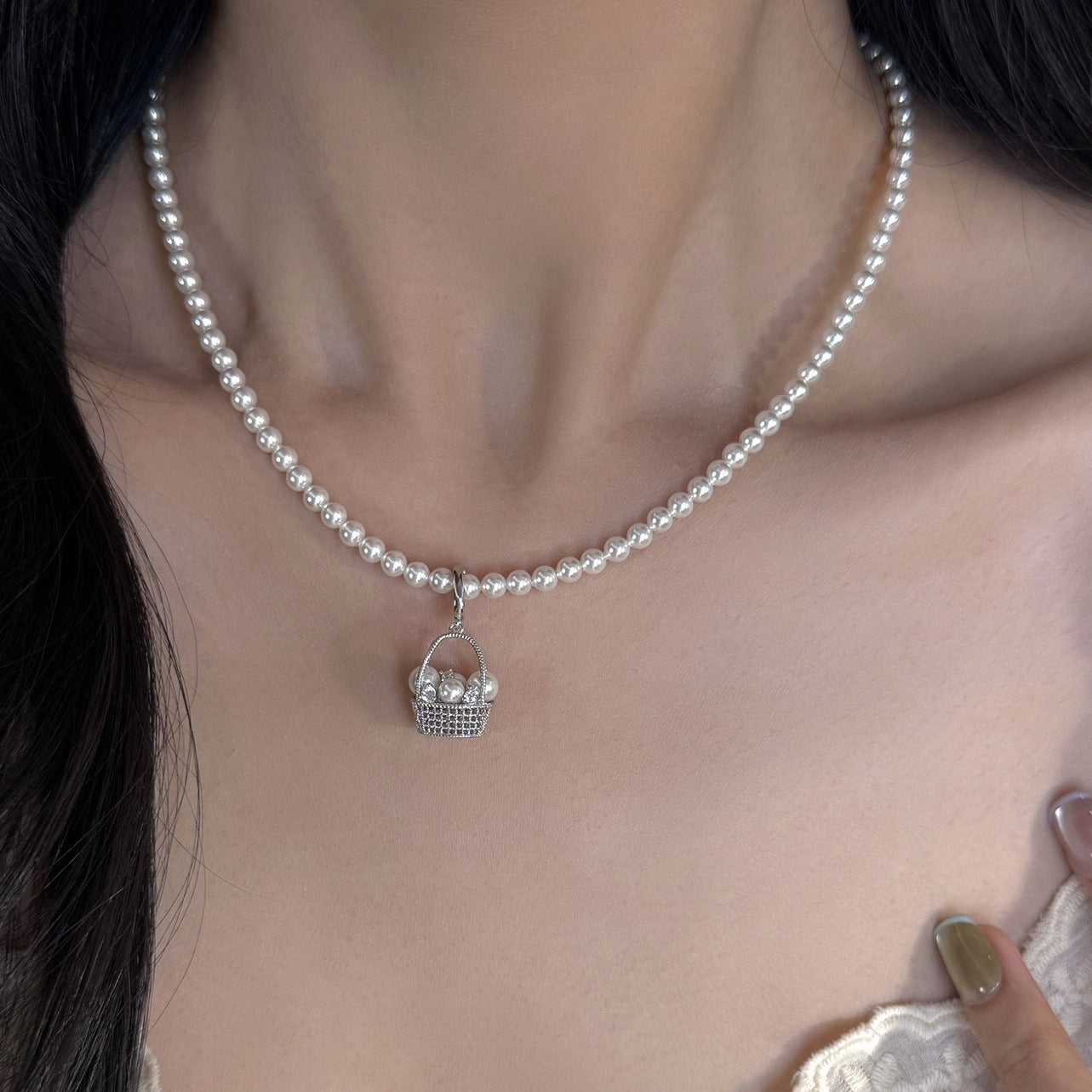 Silver Plated Pearl Basket Pendant Necklace