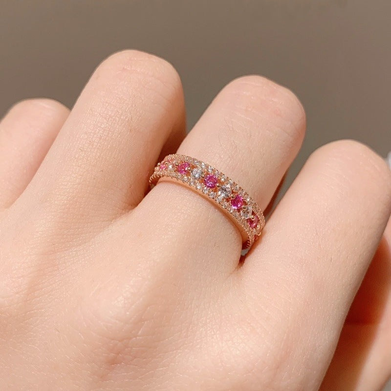 925 Silver Rose Gold-Plated Red Corundum Full-Diamond Band Ring