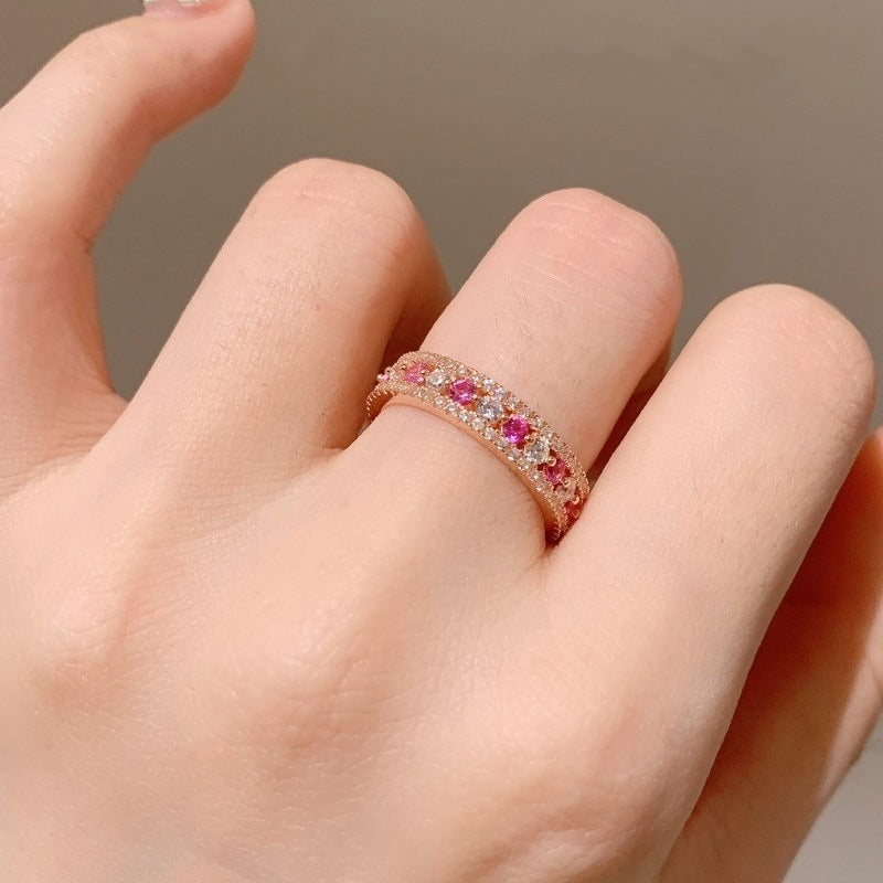 925 Silver Rose Gold-Plated Red Corundum Full-Diamond Band Ring