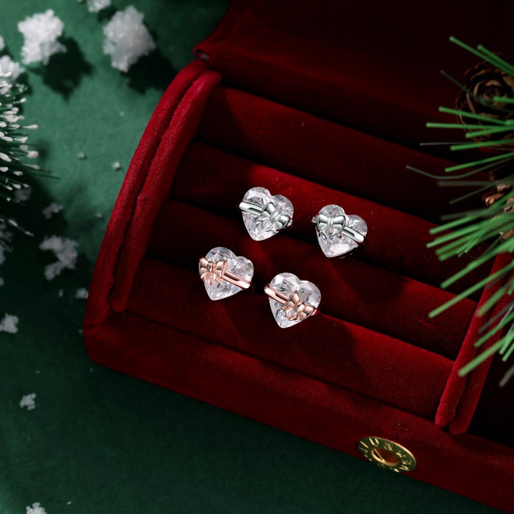 S925 Sterling Silver Rose Gold Heart-Shaped Zirconia Bow Set