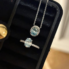 Glacier Blue Oval Halo Sterling Silver Jewelry Set