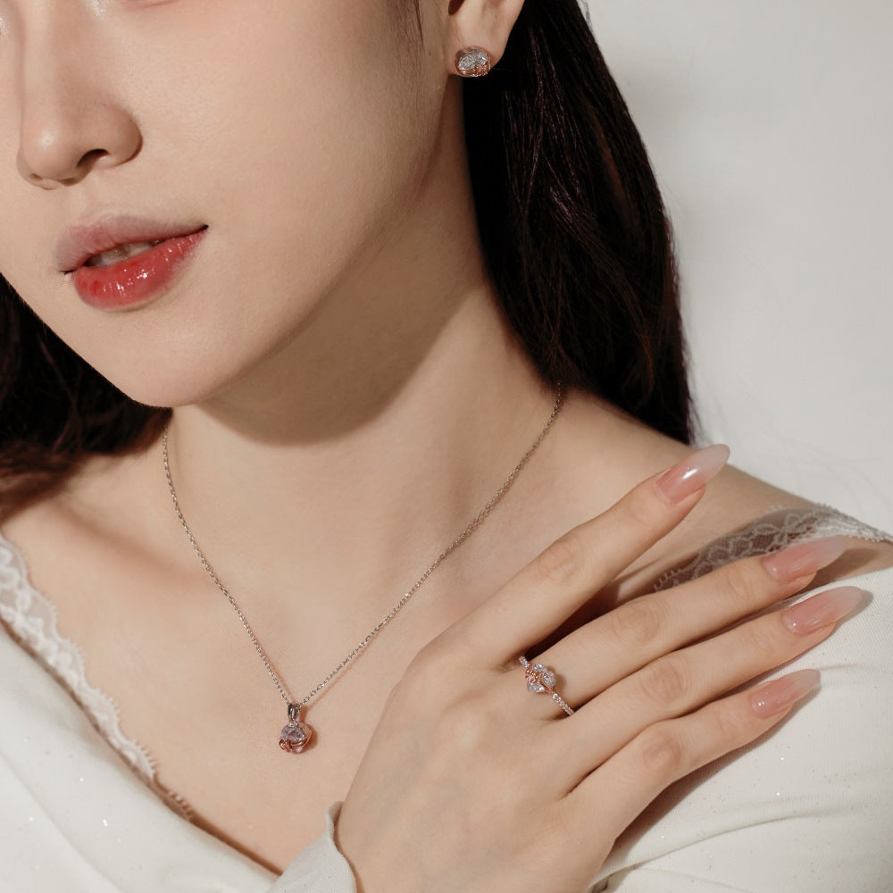 S925 Sterling Silver Rose Gold Heart-Shaped Zirconia Bow Set