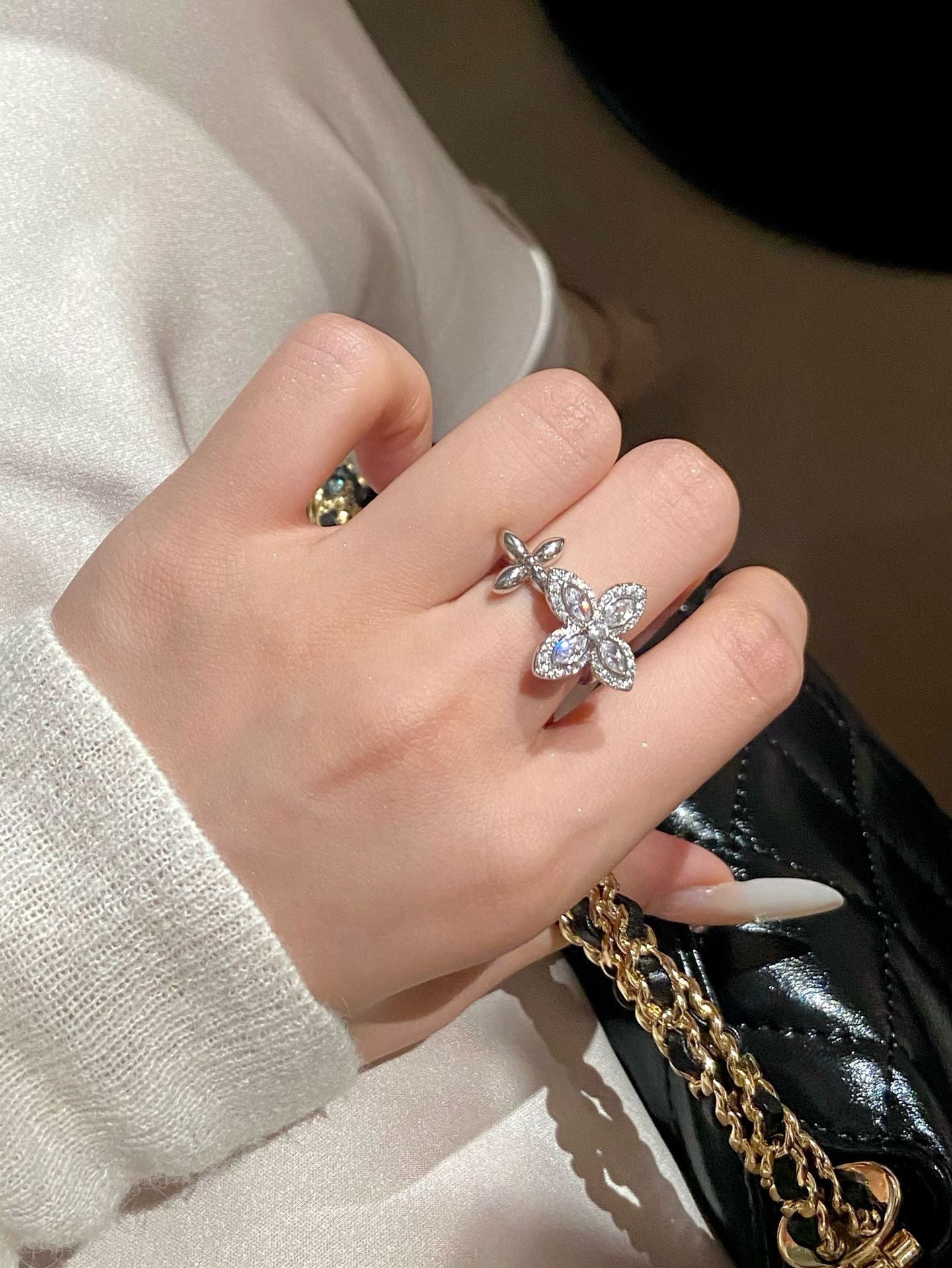 Four-Leaf Clover Flower Open-Faced Ring