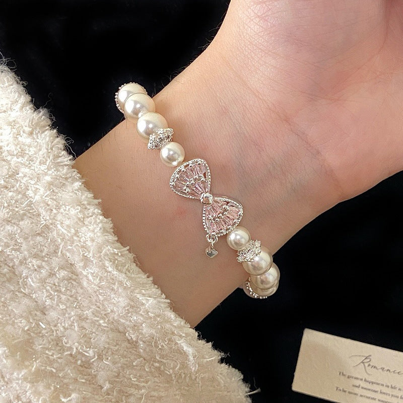 Aurora Blush™ Copper Pearl, Rose Quartz & CZ Bow Bracelet
