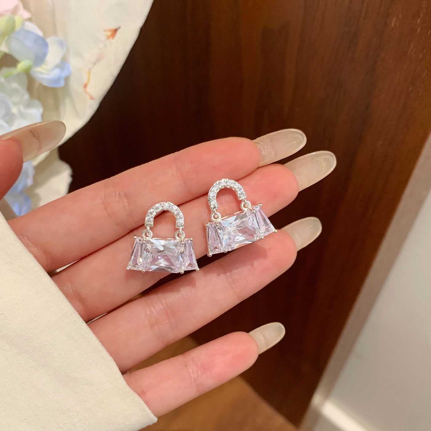 Silver Plated Princess Cut CZ Handbag Drop Earrings