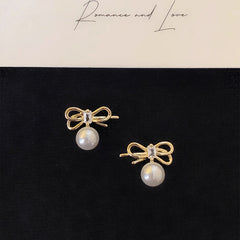 Copper Elegant Bow Pearl Stud Earrings