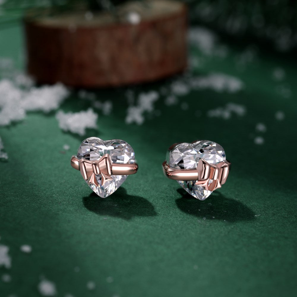 S925 Sterling Silver Rose Gold Heart-Shaped Zirconia Bow Set