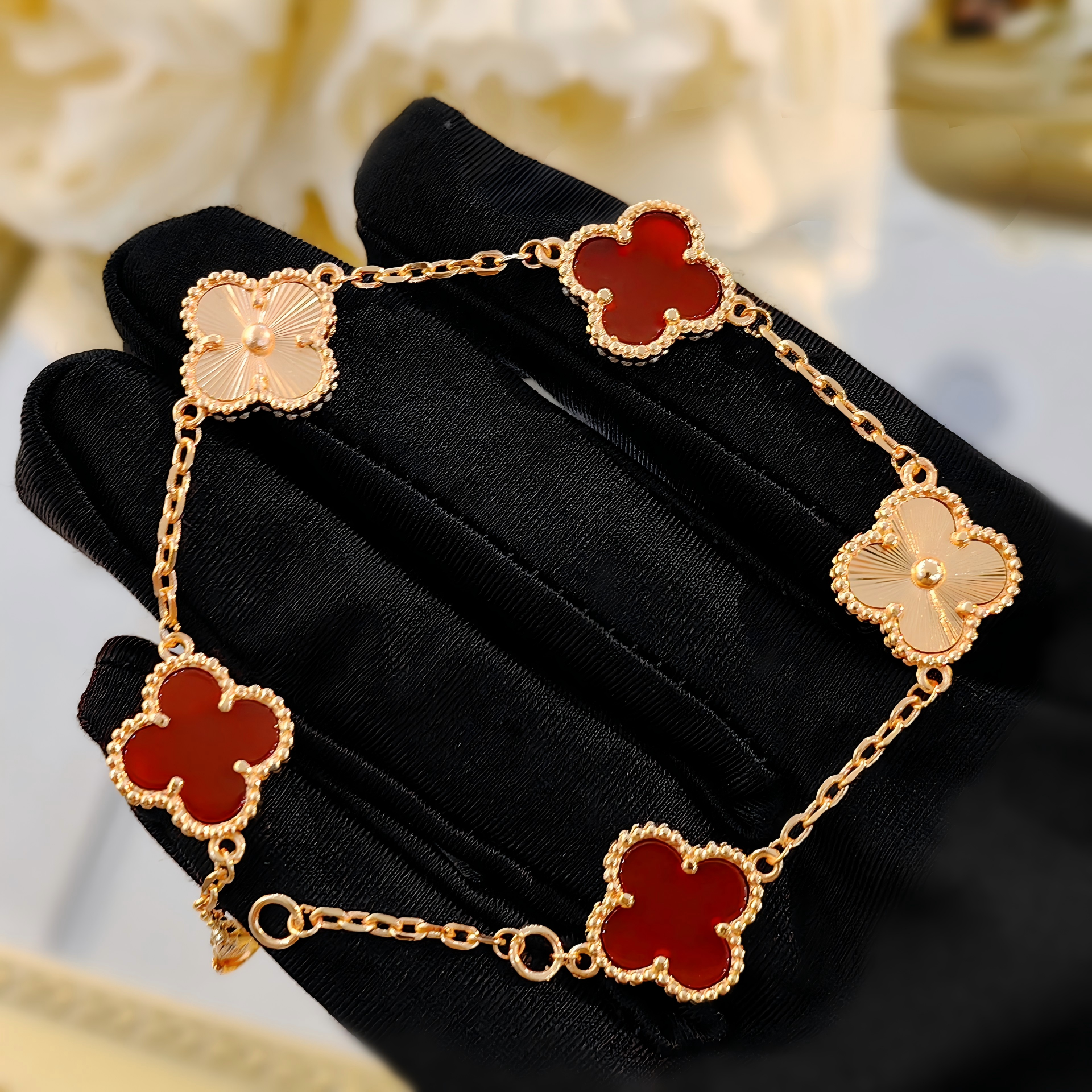 Gold Plated Copper Lucky Red Clover Bracelet