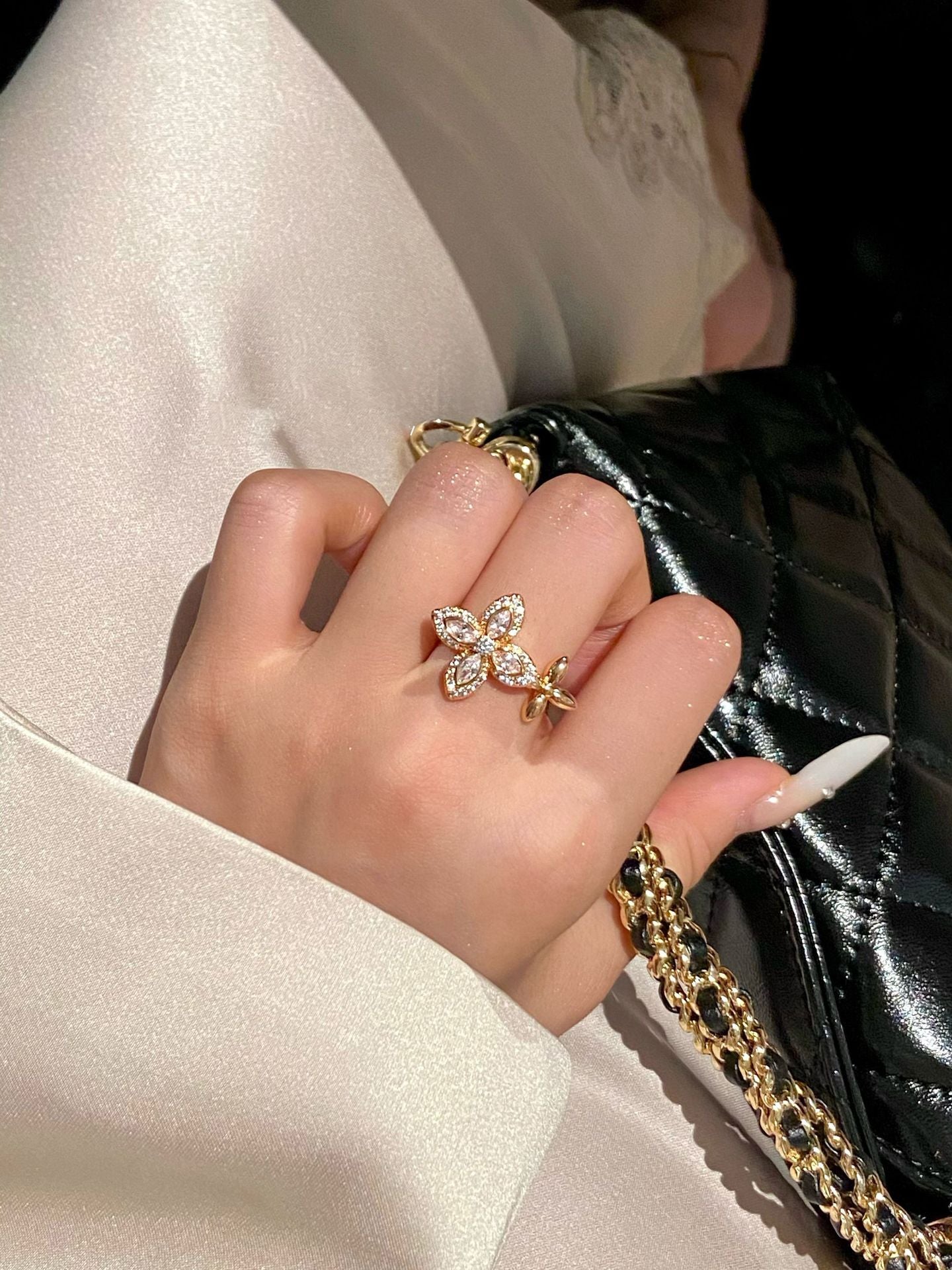 Four-Leaf Clover Flower Open-Faced Ring