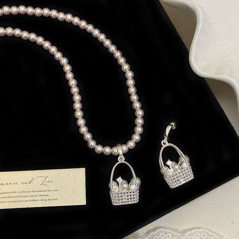 Silver Plated Pearl Basket Pendant Necklace