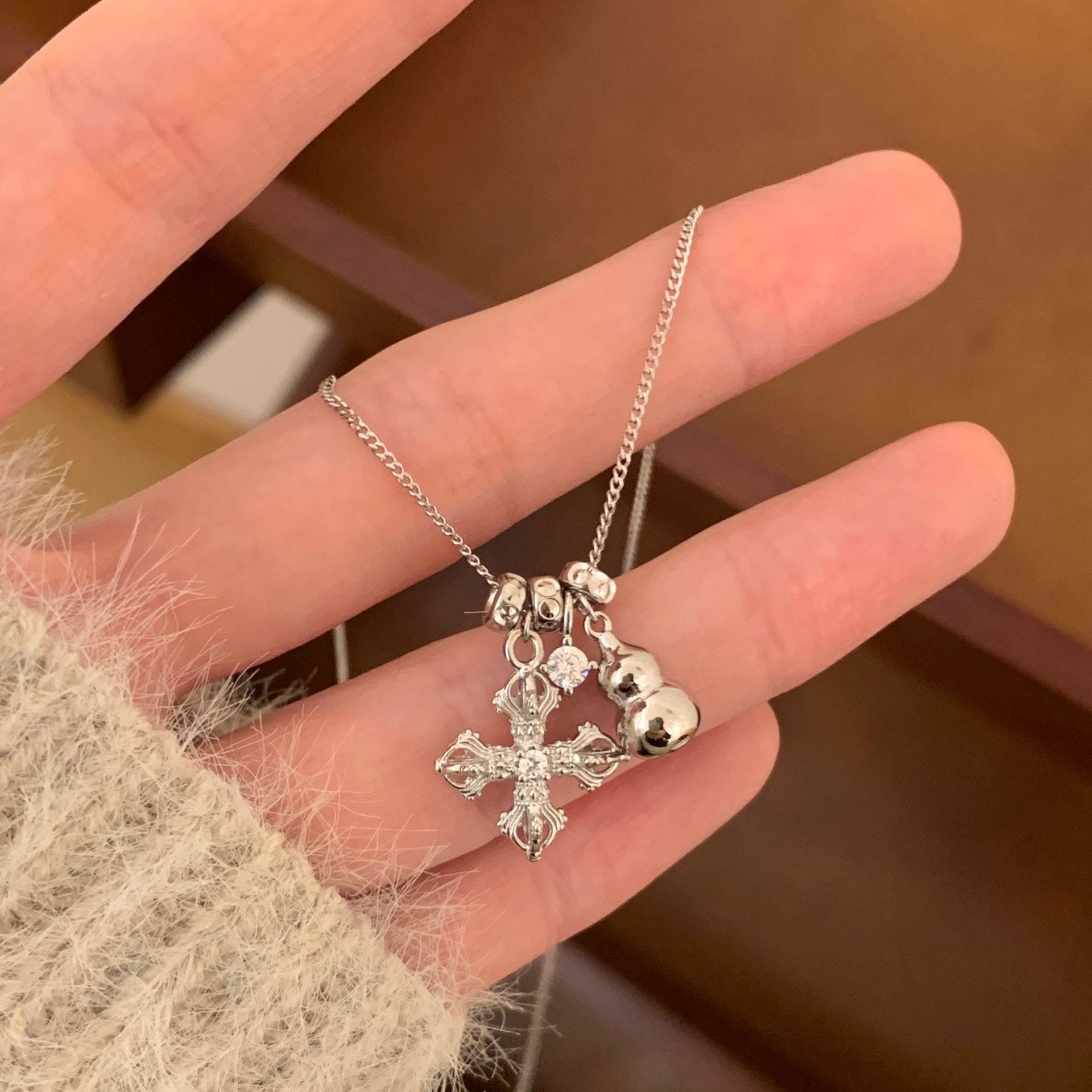 S925 Sterling Silver Guardian Bell Cross Necklace