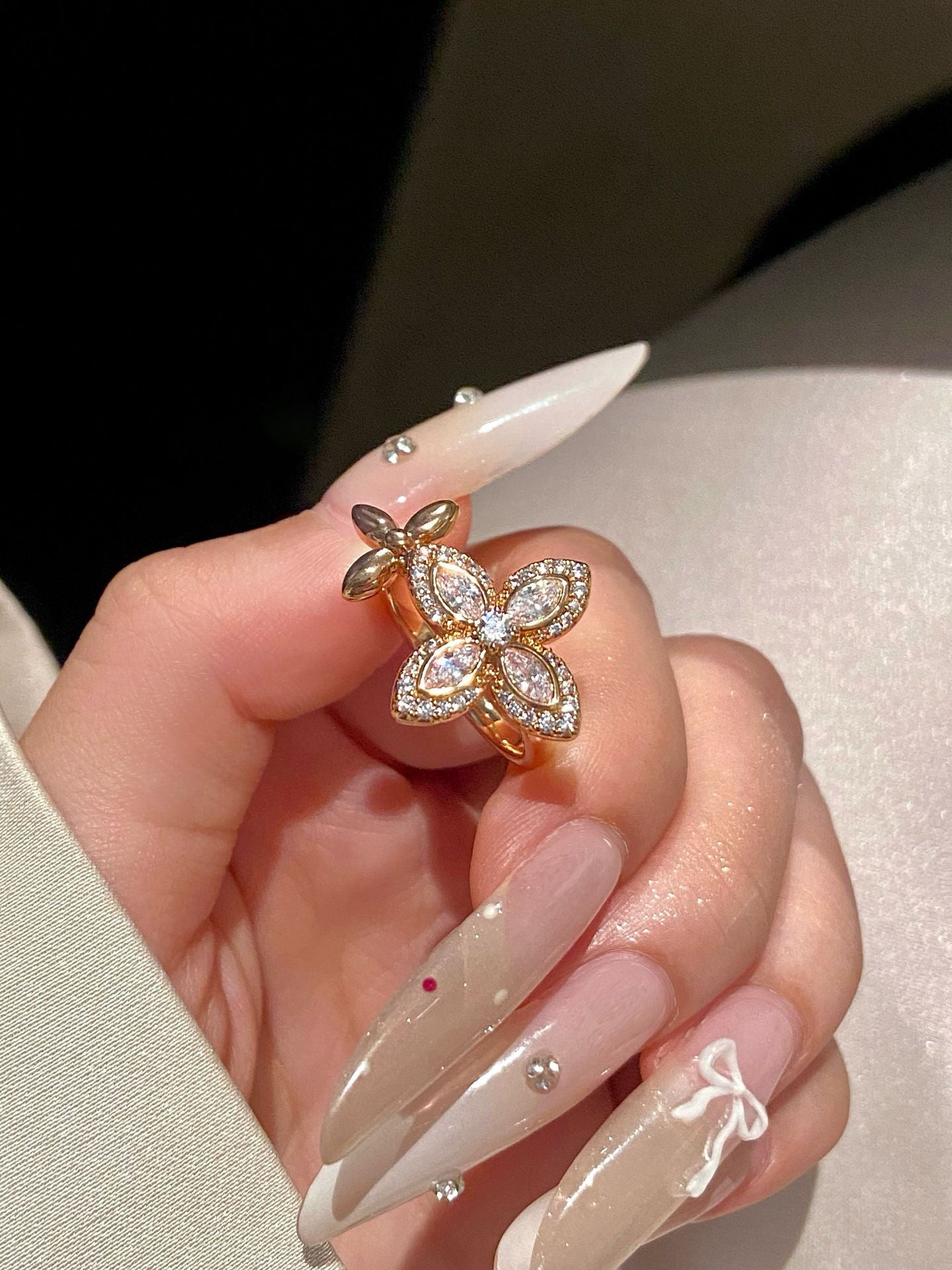 Four-Leaf Clover Flower Open-Faced Ring