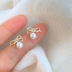 Copper Elegant Bow Pearl Stud Earrings