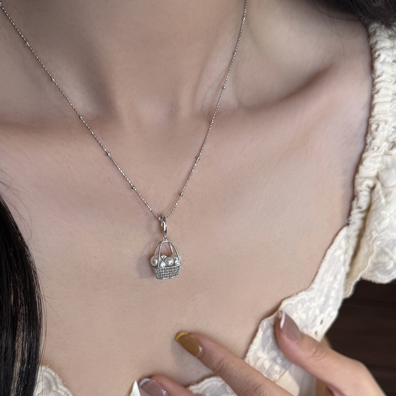 Silver Plated Pearl Basket Pendant Necklace