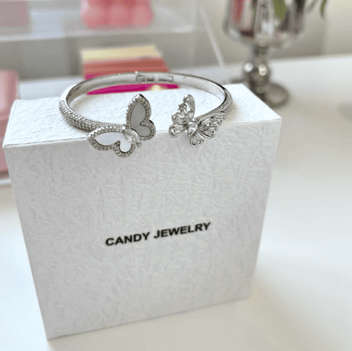 Silver-Toned Zircon and Mother-of-Pearl Butterfly-Clasp Bracelet